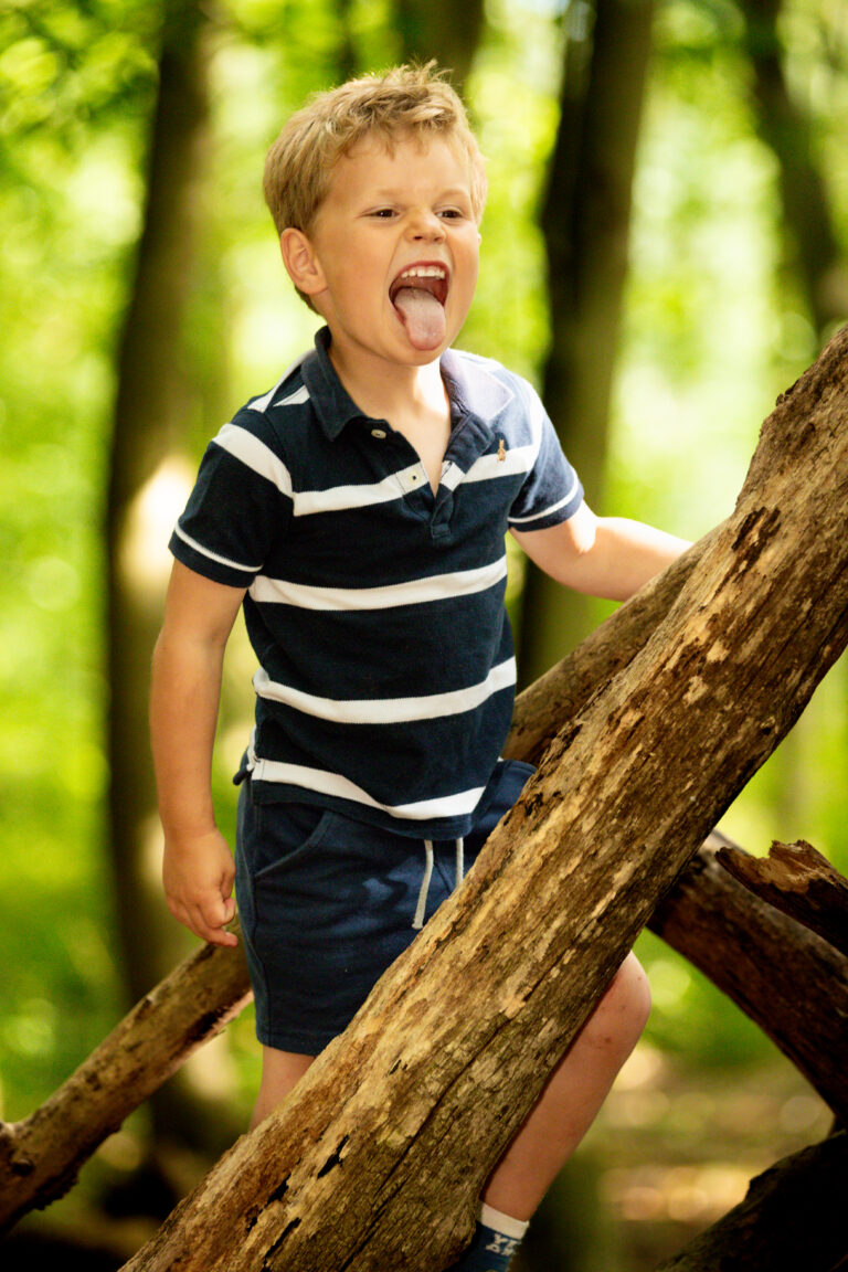 Laughing child climbing tree