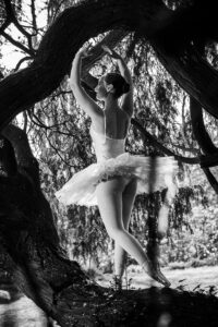 @agentlemansresidence house in the background. Ballet dancer in pose on tree branch. black and white