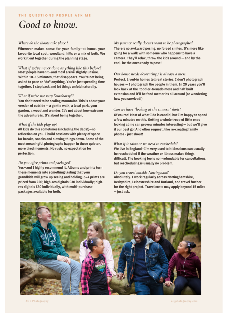 Family Photo shoot brochure for Ali J Photography