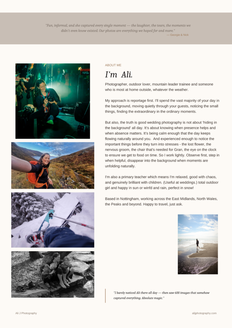 Ali J, Nottingham wedding photographer, photographing at an event and hiking in the mountains, outdoors in all weathers